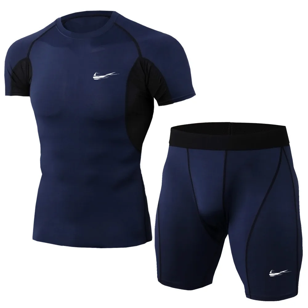 2019 New Men's Brand Sports Suit for Summer Pure color Compression Shirts + Leggings Base Layer sleeve T Shirt Clothing Set 2019 New Men's Brand Sports Suit for Summer Pure color Compression Shirts + Leggings Base Layer sleeve T Shirt Clothing Set