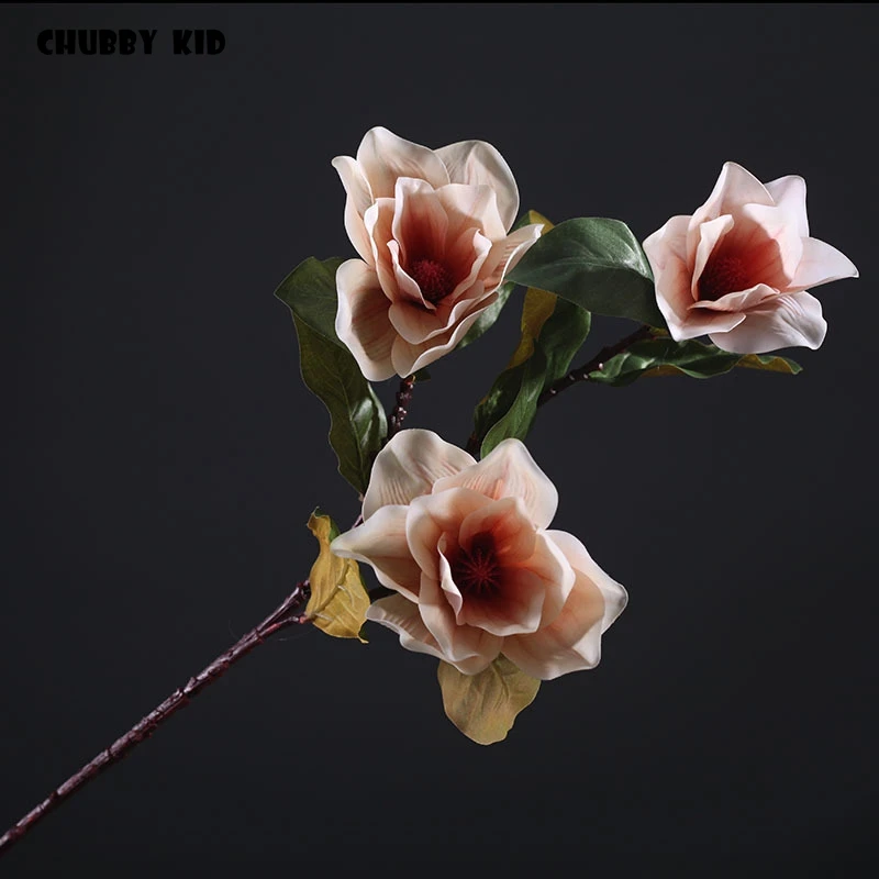 6pcs/lot! Wholesale Real Touch 3 Heads Large Artificial Silicone Magnolia Flowers Wedding