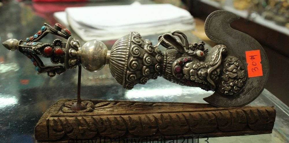 

8" Old Folk Tibet Pure Silver Gem Dragon Statue Vajra Phurpa Dagger Talismans