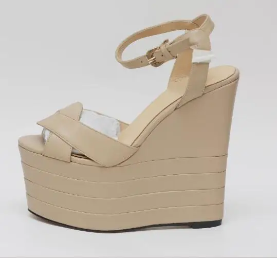 

Carpaton Summer Open Toe Platform Wedge Sandals Nude Leather Ankle Strap Cutouts Heels Woman Super High Party Dress Shoes