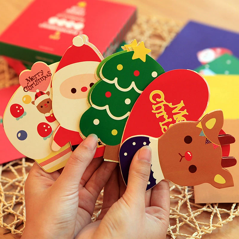 5 ピース 箱クリエイティブクリスマステーマ折りたたみメッセージカードと封筒とステッカー新年の祝福グリーティングカードのギフトカード Aliexpress Home Garden