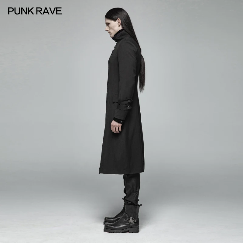 PUNK RAVE Mens Gothic Jakcets Simple Mid-length Coats Fashion Stand Collar Evening Party Long Jacket Stage Performance Long Coat