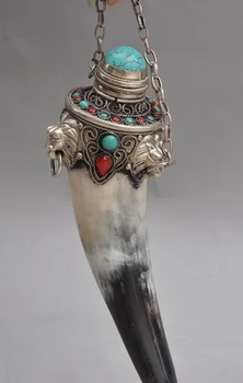 

chinese tibet silver Red Coral Turquoise Fu Foo Dog snuff bottle lucky statue