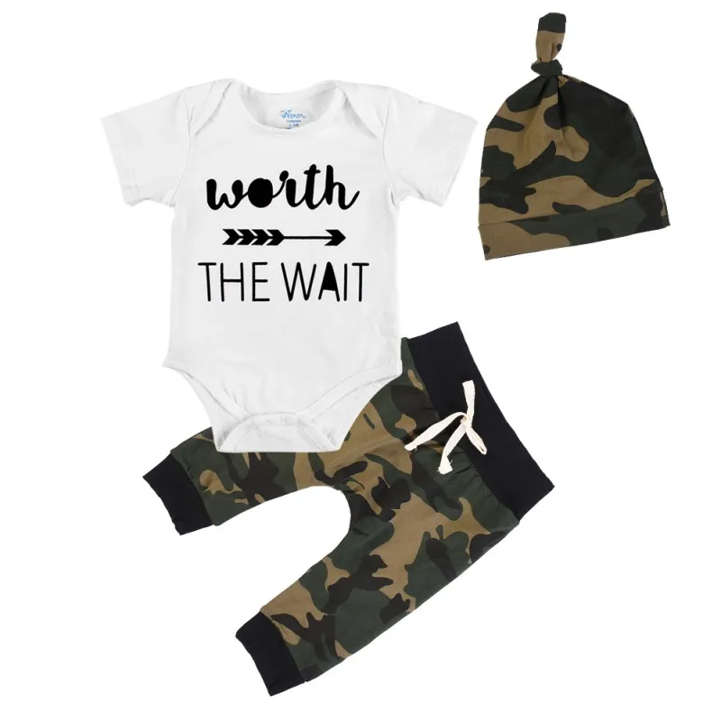 

3Pcs Baby Boy Set Casual Outfits Short Sleeve O-neck Tops Cotton Romper+Camouflage Pants Hat Set