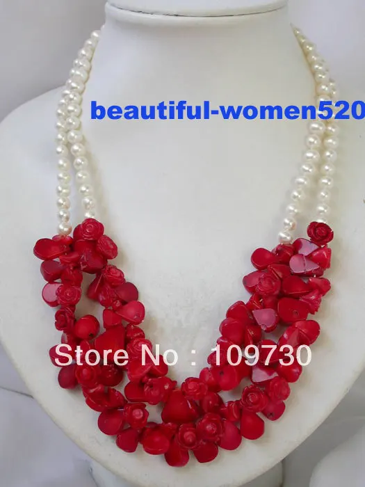 

Jewelry 0011969 superb 2strands 19'' 11m flower red coral white pearl necklace