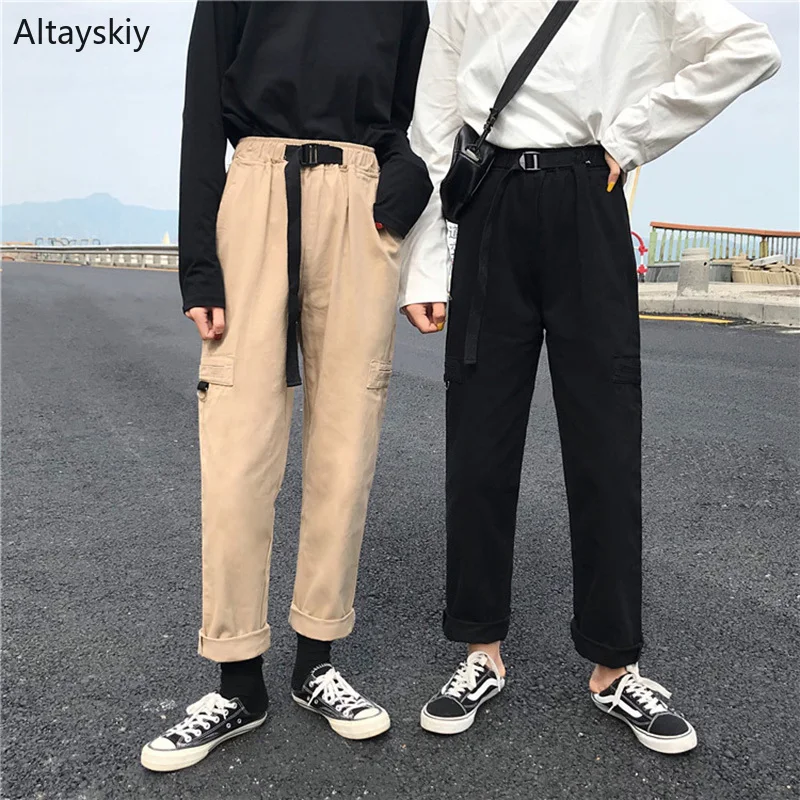 

Pants Women Pockets Leisure Daily Solid Simple Korean Style High Waist Cargo Pant Womens Drawstring Trendy Retro Trouser Ulzzang