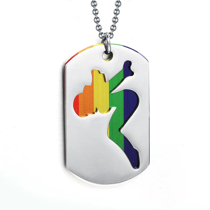 Gay Pride Rainbow Double Dog Tag Pendent Lesbian LGBT Chain Necklace