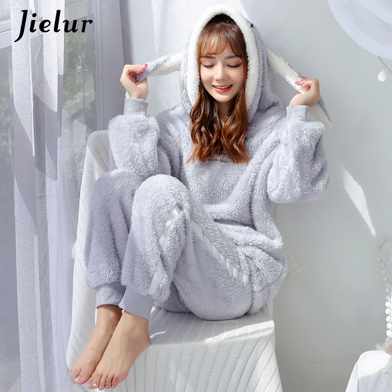 Jielur пижамы для девочек женщин мультфильм Kawaii осень теплый коралловый бархат Homesuit
