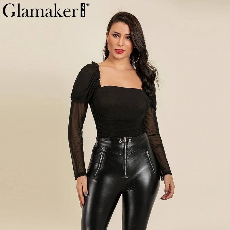 

Glamaker Transparent mesh jumpsuit romper Basic women bodysuit Square collar long sleeve bodysuit sexy black bodysuits summer