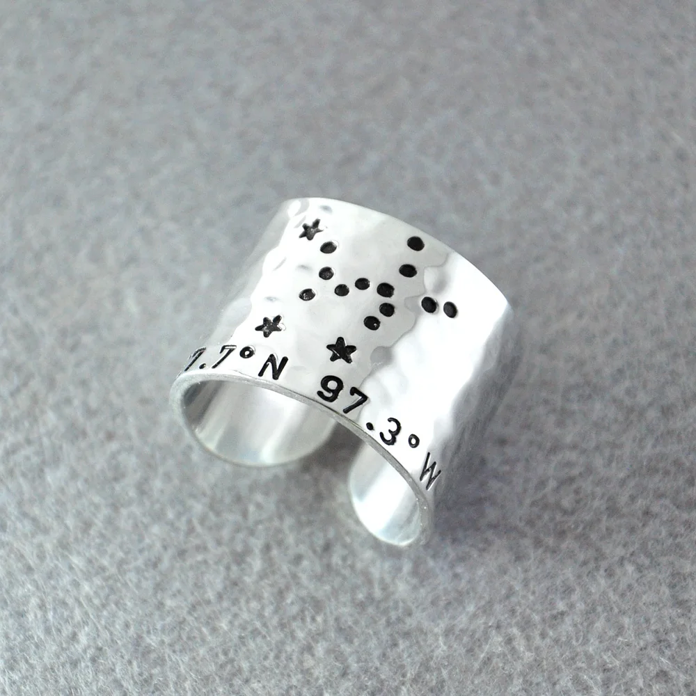 

Taurus Ring, Zodiac Constellation Ring, Hammered Zodiac Ring, Custom Coordinates, Taurus Birthday Gift