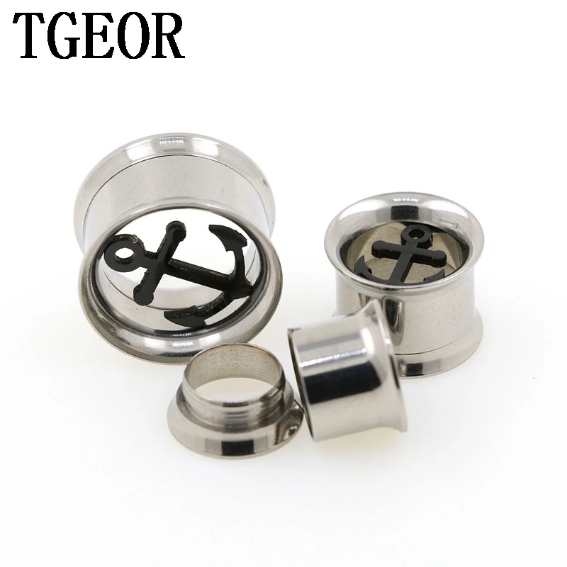 

100% New 1pcs ear tunnels Stainless Steel internally thread anchor pattern double flare Flesh Tunnel FREE