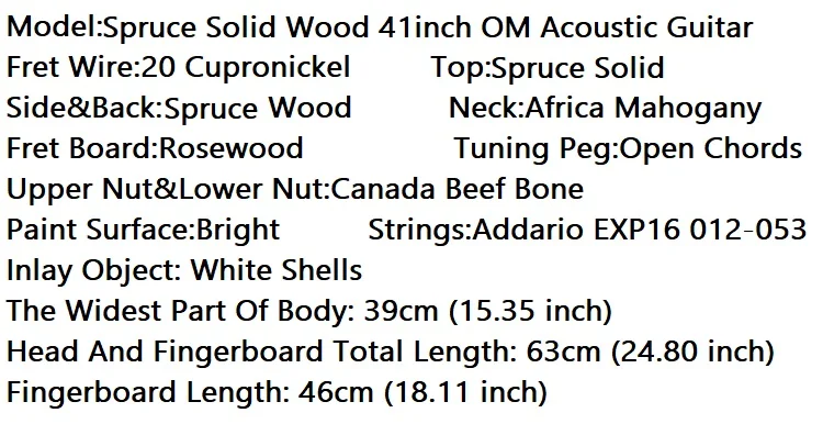 41 дюймов OM открытые аккорды задник, однотонный цвет, picea asperata Акустическая гитара Гриф из красного дерева с открытым настроечный винт с бычьей костью гайка для игры в стиле фолк