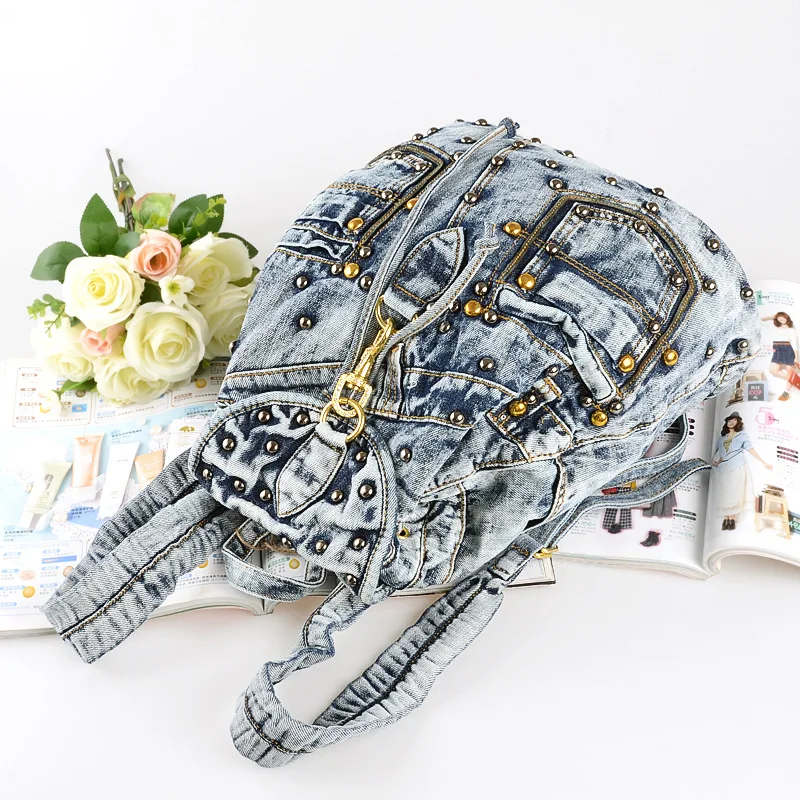 Синий винтажный Повседневный Рюкзак консервативный стиль заклепки джинсовые