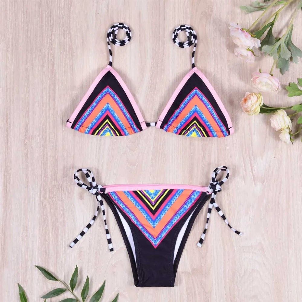 Women Flamingos Printed Tankini Bandage Bikinis Set Low Waist Swimwear Fold Bathing Suit Padded Biquinis maillot de bain femme L