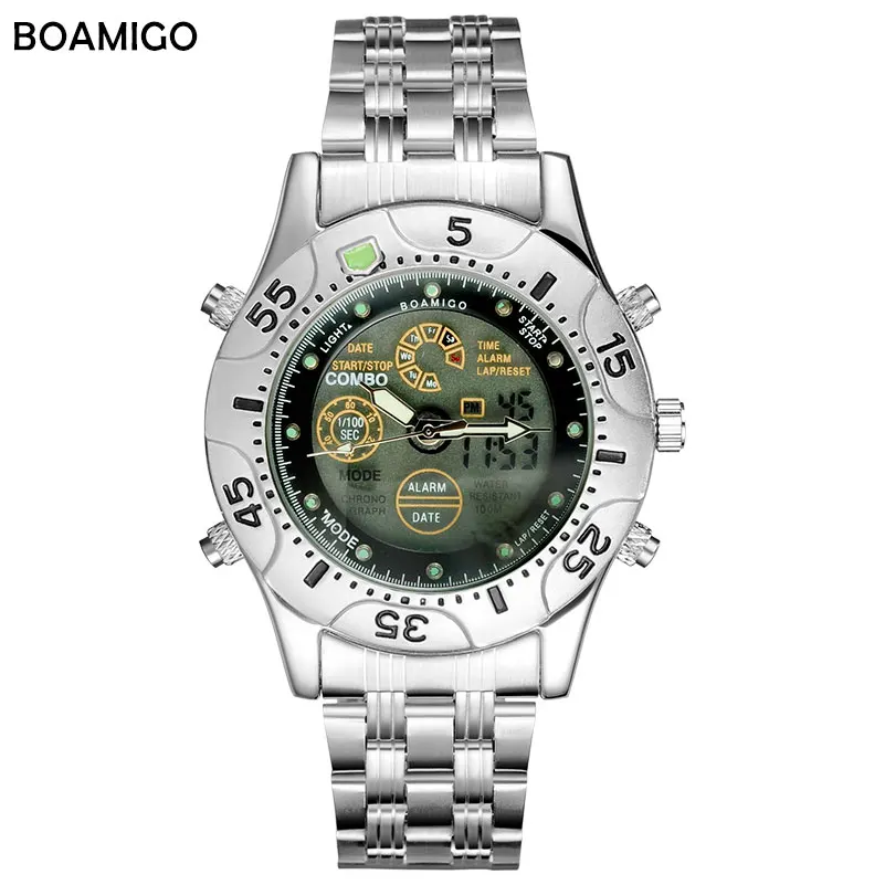 

BOAMIGO Brand Business Men Sports Watches LED Analog Digital Quartz Watch Date Stainless Steel Strap Wristwatches Calendar Clock