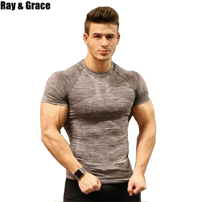 

RAY GRACE Men Sport Running T-Shirts Short Sleeve Top Sports Men Gym Shirt Fitness Athletic Bodybuildig Breathable Jogger Tshirt