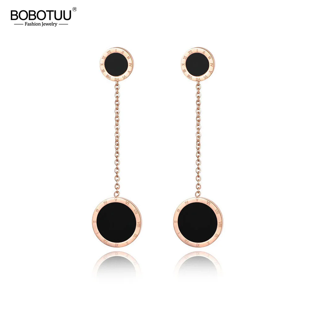 

BOBOTUU Trendy Double Circle Roman Numerals Long Tassel Earrings For Women Titanium Steel Female Party Earrings Jewelry BE17055