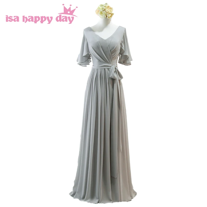 

silver grey chiffon v-neck a-line floor-length bridesmaid dress bridemaids sister of the bride dresses sexy for maid H4133