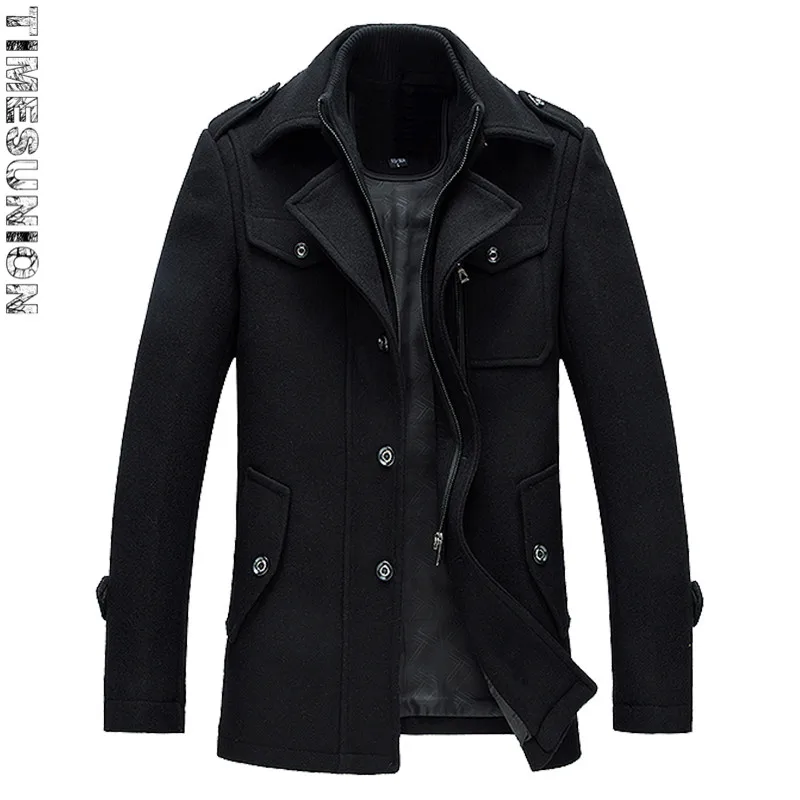 Мужские пальто, зима, толстый шерстяной мужской Тренч, куртка Hombre, мужская мода, приталенное, на молнии, сохраняющее тепло, шерстяное пальто для мужчин - Цвет: Черный