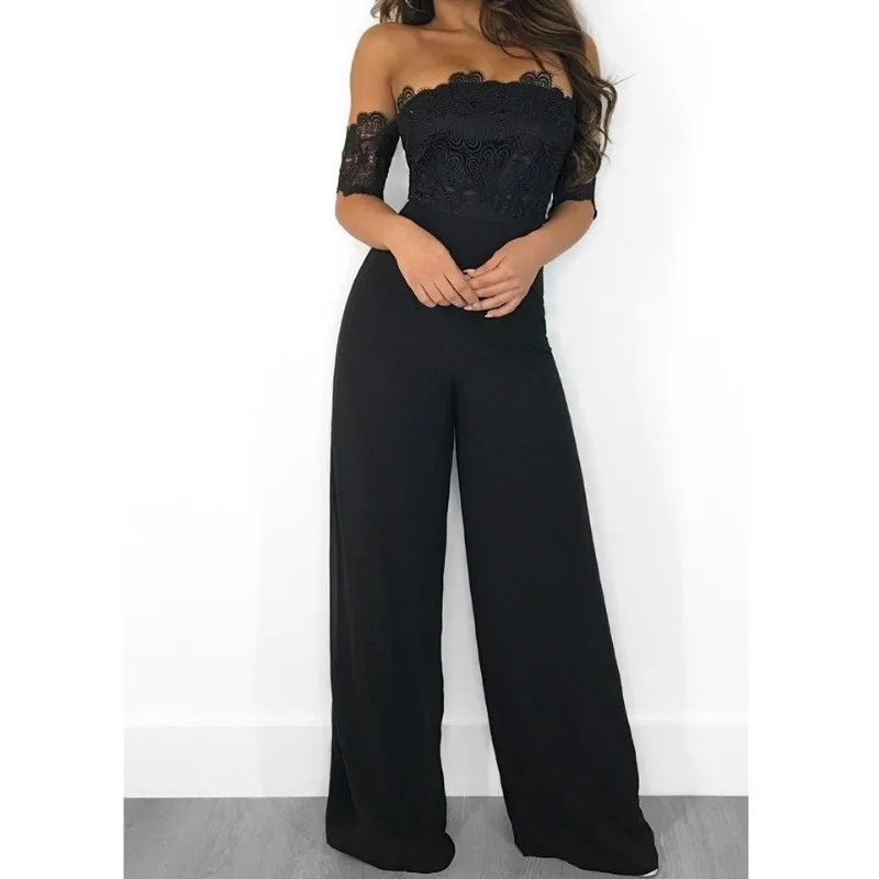 

2018 Womens Summer Short Sleeve Jumpsuit Elegant Off shoulder Lace Romper Sexy Ladies Long Trousers Overalls Jumpsuit