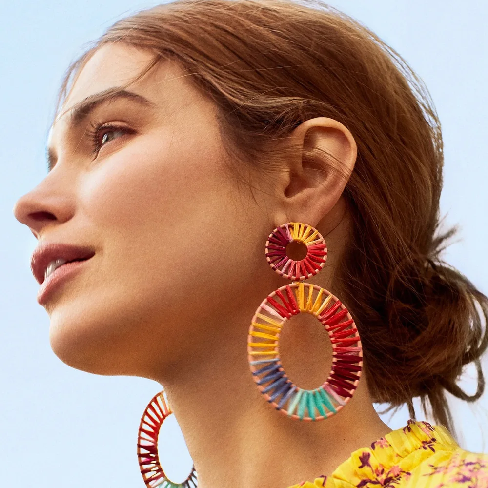 

2019 New Colorful Drop Earrings Raffia Hand-woven Big Earrings Double Circle Earrings for Women Bohemian National Wind Eardrop