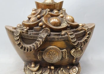 

9" Chinese Folk Feng Shui Brass Wealth Money Coin Yuan Bao Statue Sculpture