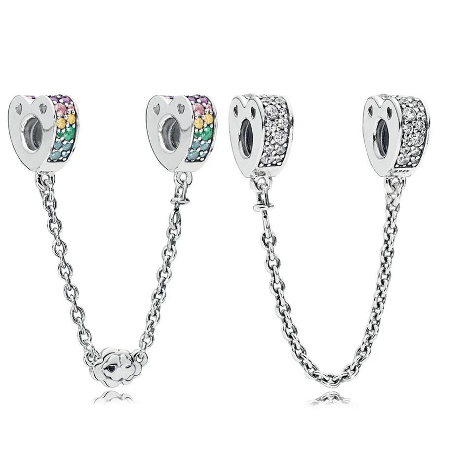 

925 Silver Safety Chain Clip fit Pandora Barcelets & Bangles Sparkling Arcs of Love Safety Chain Multi-Colored CZ & Crystals