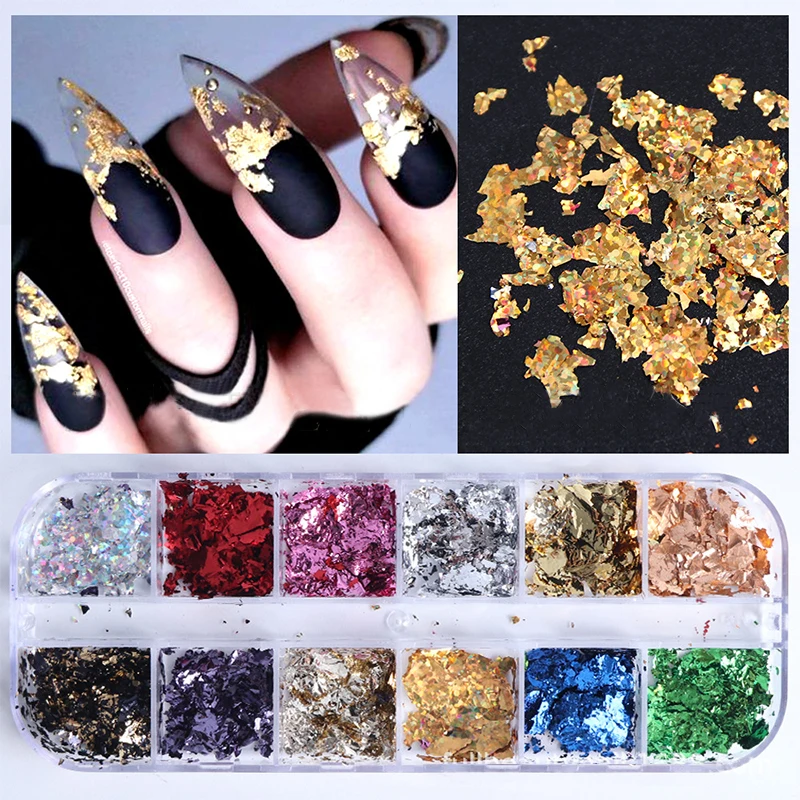 

12 colors Gold Silver Irregular Aluminum Foil Paper Nail Art Sticker 3D Glitter DIY Manicure UV Gel Polish Nail Decoration Tools