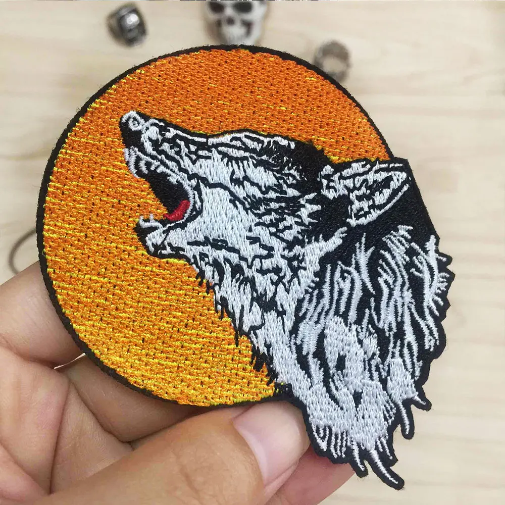 

WOLF Moon iron On embroidery patch for Jacket backing, punk motorcycle embroidery skeleton biker badge