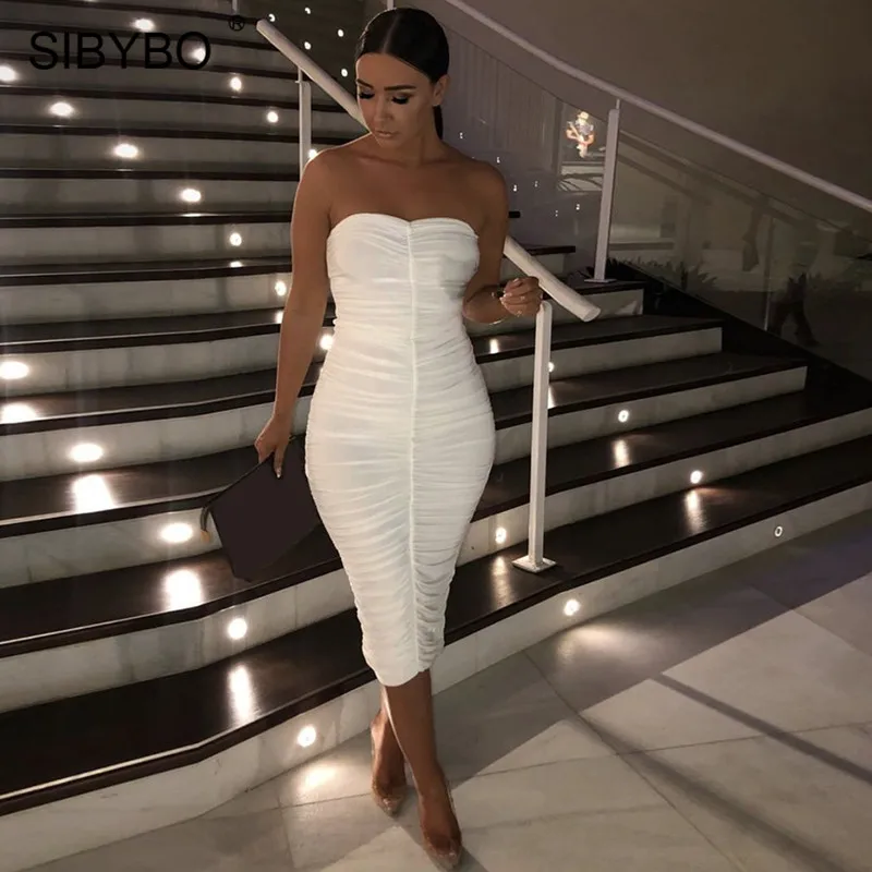 SIBYBO Strapless Pleated Sexy Bodycon Dress Off Shoulder Sleeveless Summer Party Dress Women Backless Beach Casual Women Dress