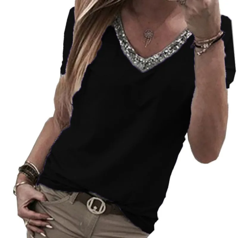 

Sequined T-shirts Women Oversized T Shirts Summer Top V Neck Casual TShirt Femme Tees Camiseta Feminista Plus Size 4XL 5XL T32