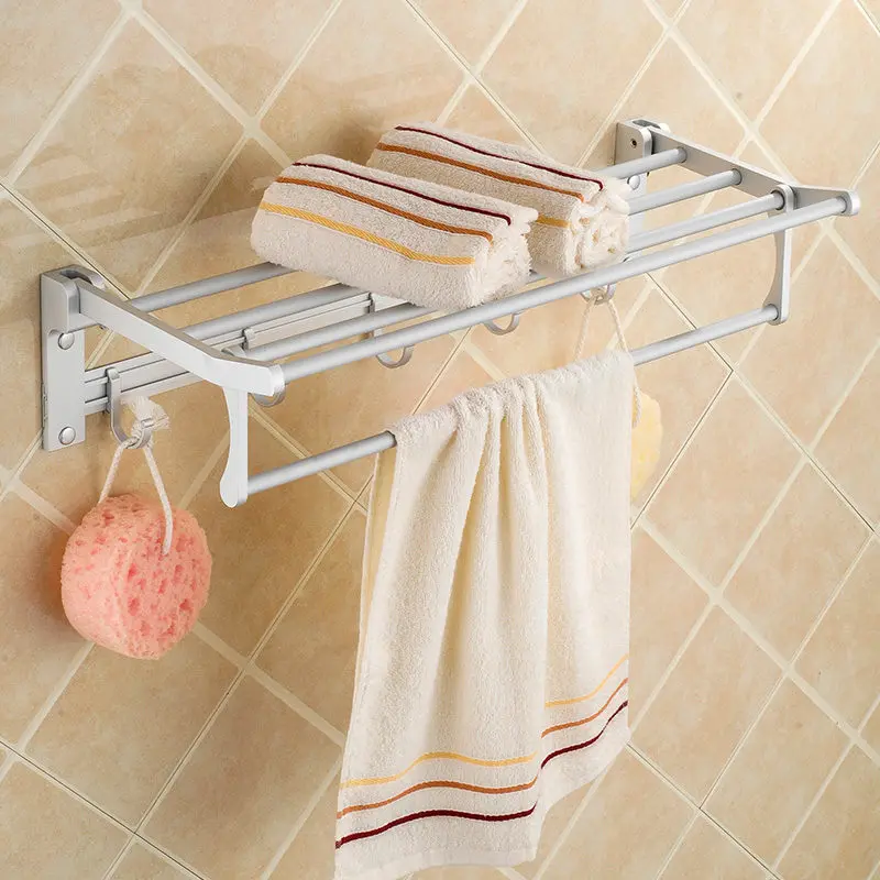 

Free shipping Bathroom Towel Racks Double Towel Rack Wall Mounted Space Aluminum Towel Shelf With Hooks Bath Rails Bars