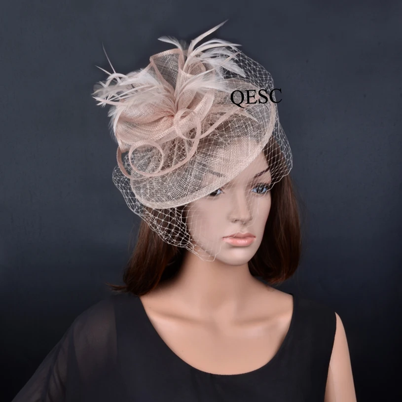 New Sinamay Fascinator Bridal Top Hats With Feathers&birdcage Veil For