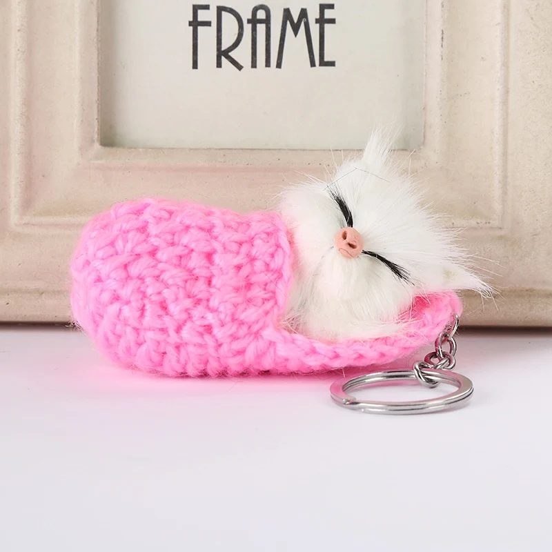 

Creative Cute Sleeping Cat Pompom Keychains For Women Girls Handmade Woven Shoes Faux Rabbit Fur Kitten Key Chains Fluffy Car