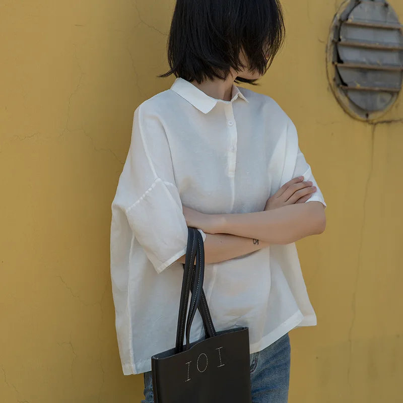 

Johnature Turn-down Collar Half Sleeve Vintage Women Blouses 2 Colors New Simple Button Casual Female 2019 Summer Shirts