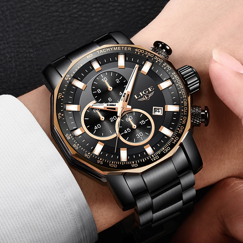 LIGE nuevos relojes para hombre de marca superior de lujo reloj de cuarzo cronógrafo deportivo de acero completo resistente al agua reloj de esfera grande para hombre - 5