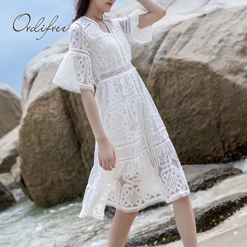 Ordifree, летнее женское белое кружевное платье, сарафан, короткий рукав, вязанное крючком, сексуальная Белая Кружевная туника, пляжная
