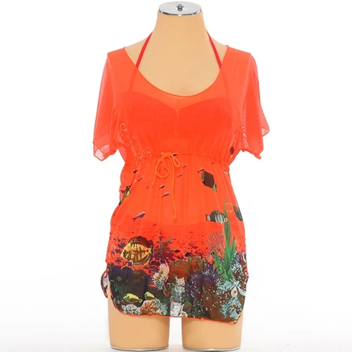 Шифоновое платье-бикини с бретельками на талии, прозрачная Свободная Женская пляжная блуза с u-образным вырезом, неоновая прозрачная накидка, пляжная одежда - Цвет: Orange