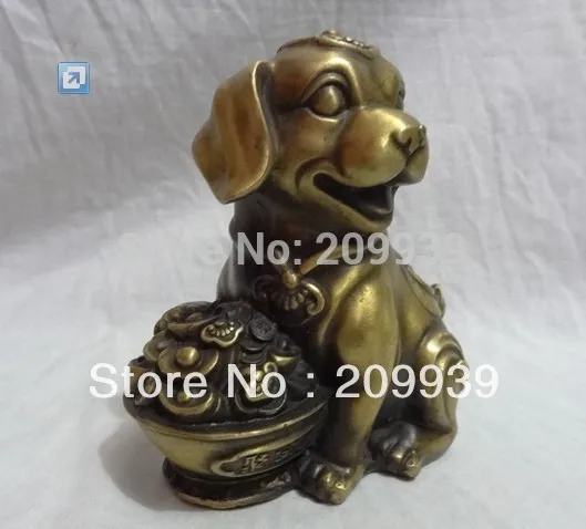 

00178 Chinese Bronze Zodiac Wealth YuanBao RuYi Coin Fu Happy Dog Statue Buddhism