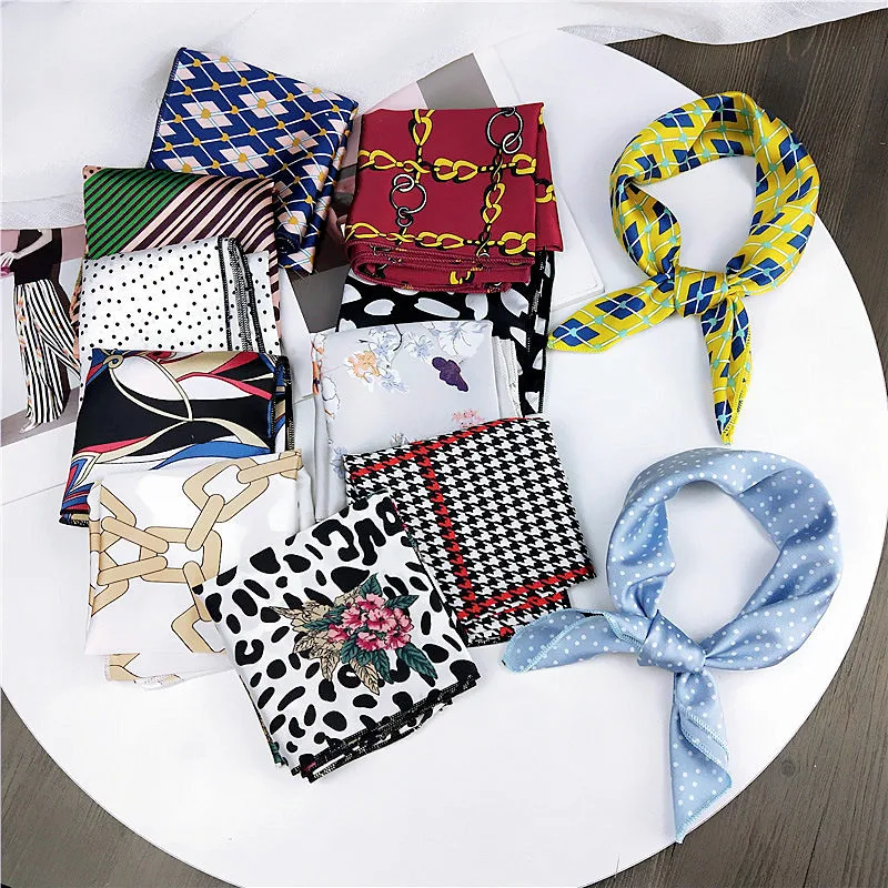 fashion Square Scarf Hair Tie Band Party Women Elegant Small Vintage Skinny Retro Head Neck Silk Satin Scarf, square scarves