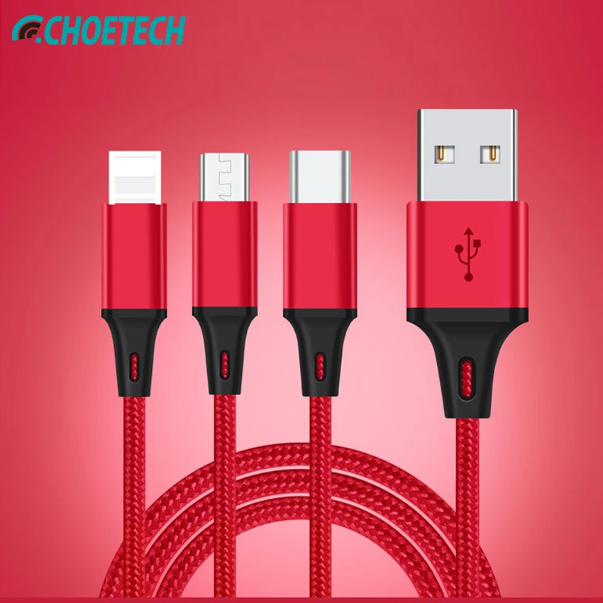 

CHOETECH 3 in1 USB Cable Multiple Charging 3 in 1 Type C Micro USB Cable Mobile Phone Cables For iPhone XS MAX Samsung xiaomi