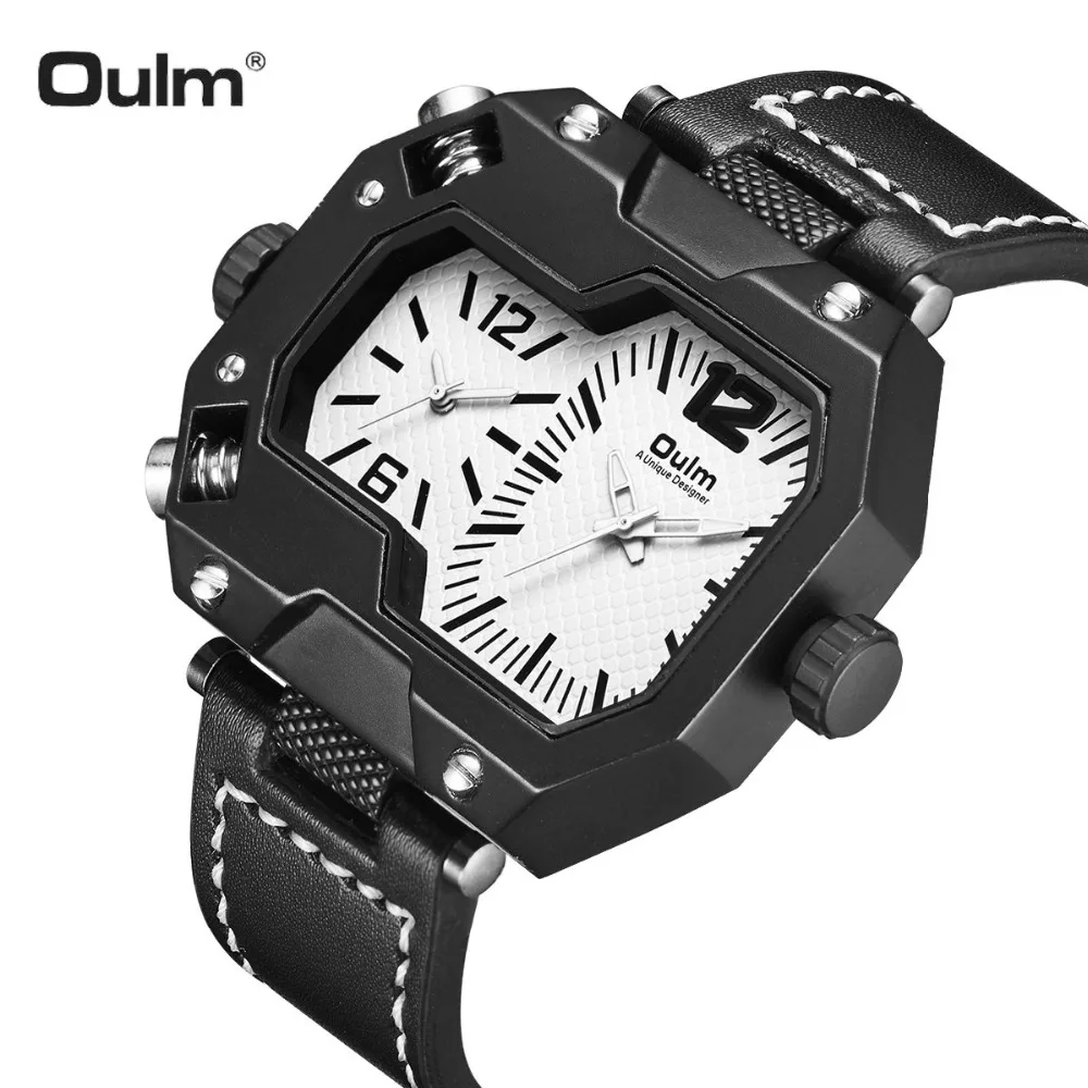 

OULM Classic Outdoor Sport Watch Men Quartz Clock 2 Time Zone Oversize Case Leather Strap Unique Chic Design Casual Wristwatches
