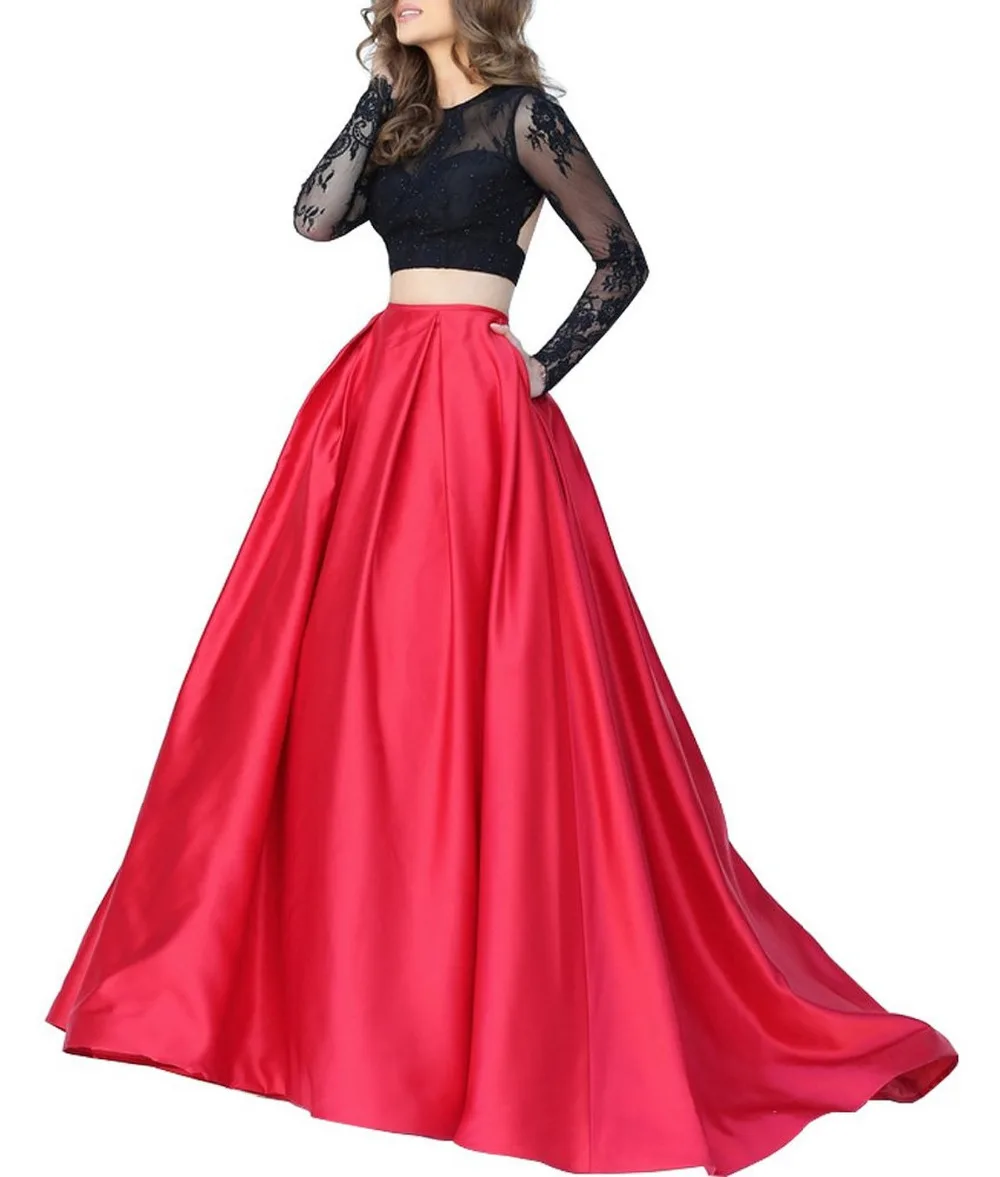 De las mujeres de Color Rojo y Negro 2016 Dos Piezas Prom Vestido de Noche  de Manga Larga de Bolsillo de Señora Pageant Vestido Formal Sheer Crew  cuello|evening dress|prom evening dressformal dress -