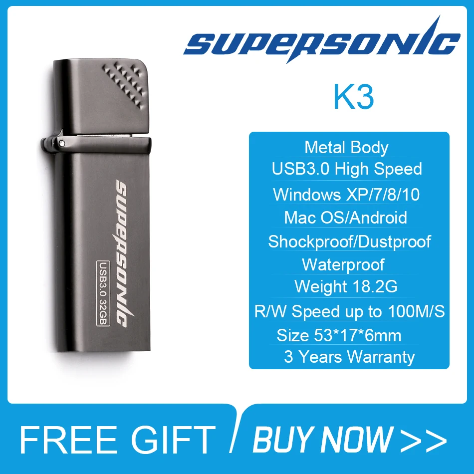 Supersonic K3 usb флеш-накопитель Высокоскоростной USB 3,0 флеш-накопитель 16 ГБ 32 ГБ 64 ГБ 128 ГБ флеш-накопитель металлическая флеш-карта памяти с металлическим колпачком