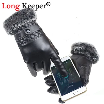

Long Keeper Men's Touch Screen Leather Gloves Wool Fur Gloves Waterproof Windproof Driving Guantes Male Winter Leather luvas 284