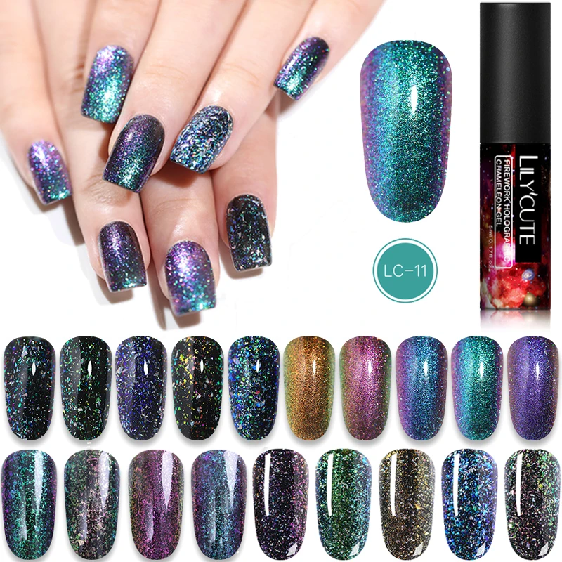 

LILYCUTE Chameleon Gel Polish Magic Flakies Nail Art UV Gel Varnish Long Lasting Soak Off Holographic Nail Gel Black Base Needed