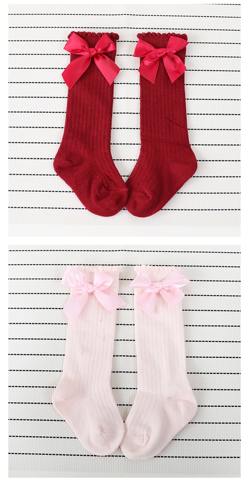 Носки для маленьких девочек Гольфы принцессы с бантиками, милые детские носки для девочек хлопковые длинные детские носки в полоску с бантиком