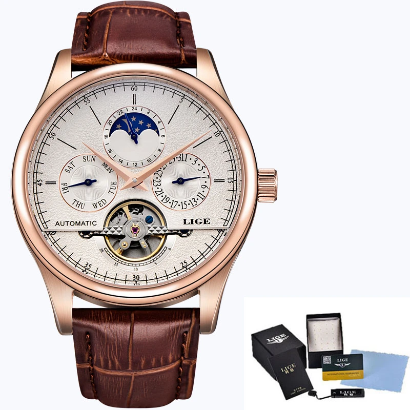 LIGE Brand Men Watch Automatic Mechanical Watches Tourbillon Sport Clock Leather Casual Business Retro Wristwatch Relojes Hombre