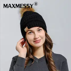 Maxmessy зимние Брендовые женские трикотажные Кепки Мех животных помпонами Hat для Для женщин Девушки шапочки сплошной шапка толстые Skullies mh113