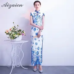 Синий белый фарфор Cheongsam пикантный китайский женский халат длинные модные разделение обувь для девочек китайское традиционное вечернее